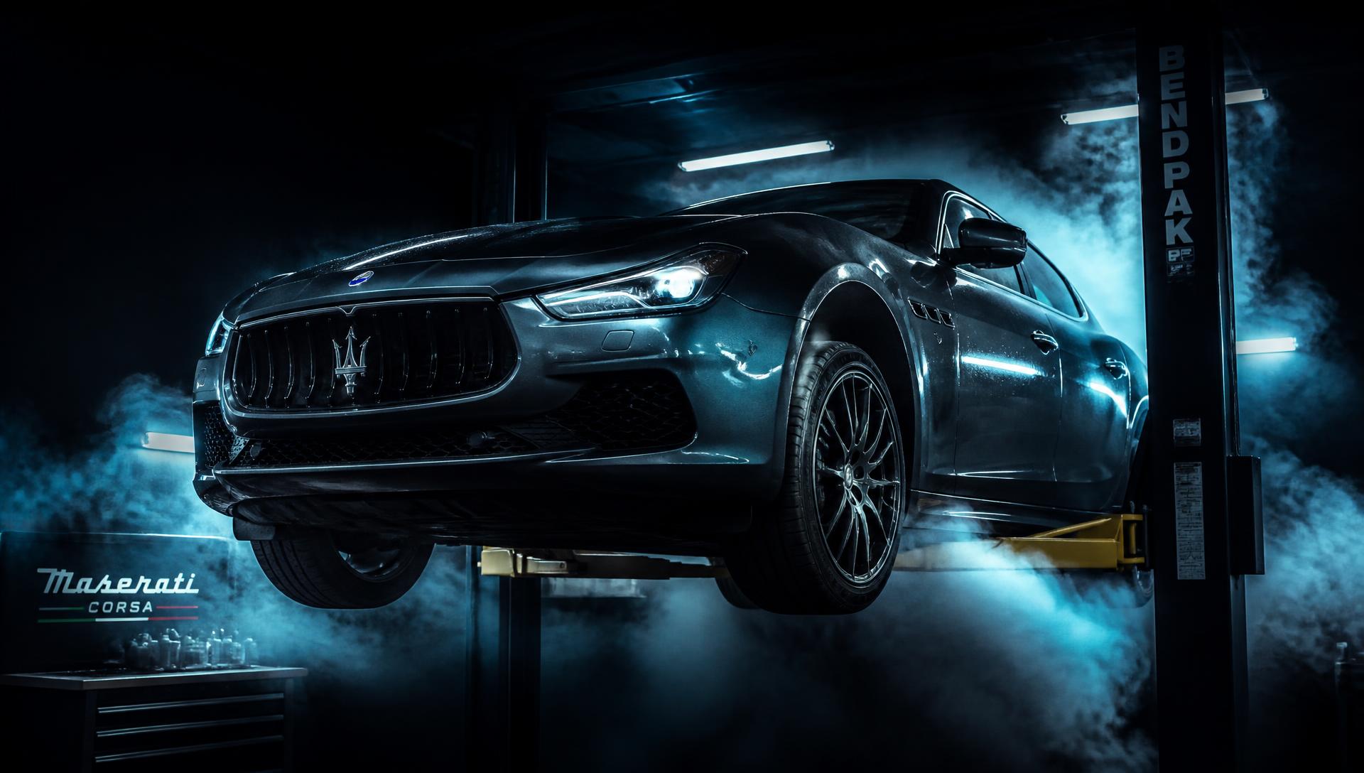 Premium car on a lift surrounded by dry ice vapour in the NHOULATGALES workshop